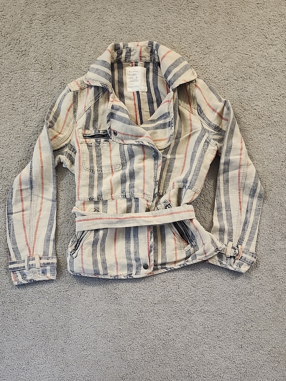 Free People Striped Belted Jean Jacket in Cream, Blue & Red